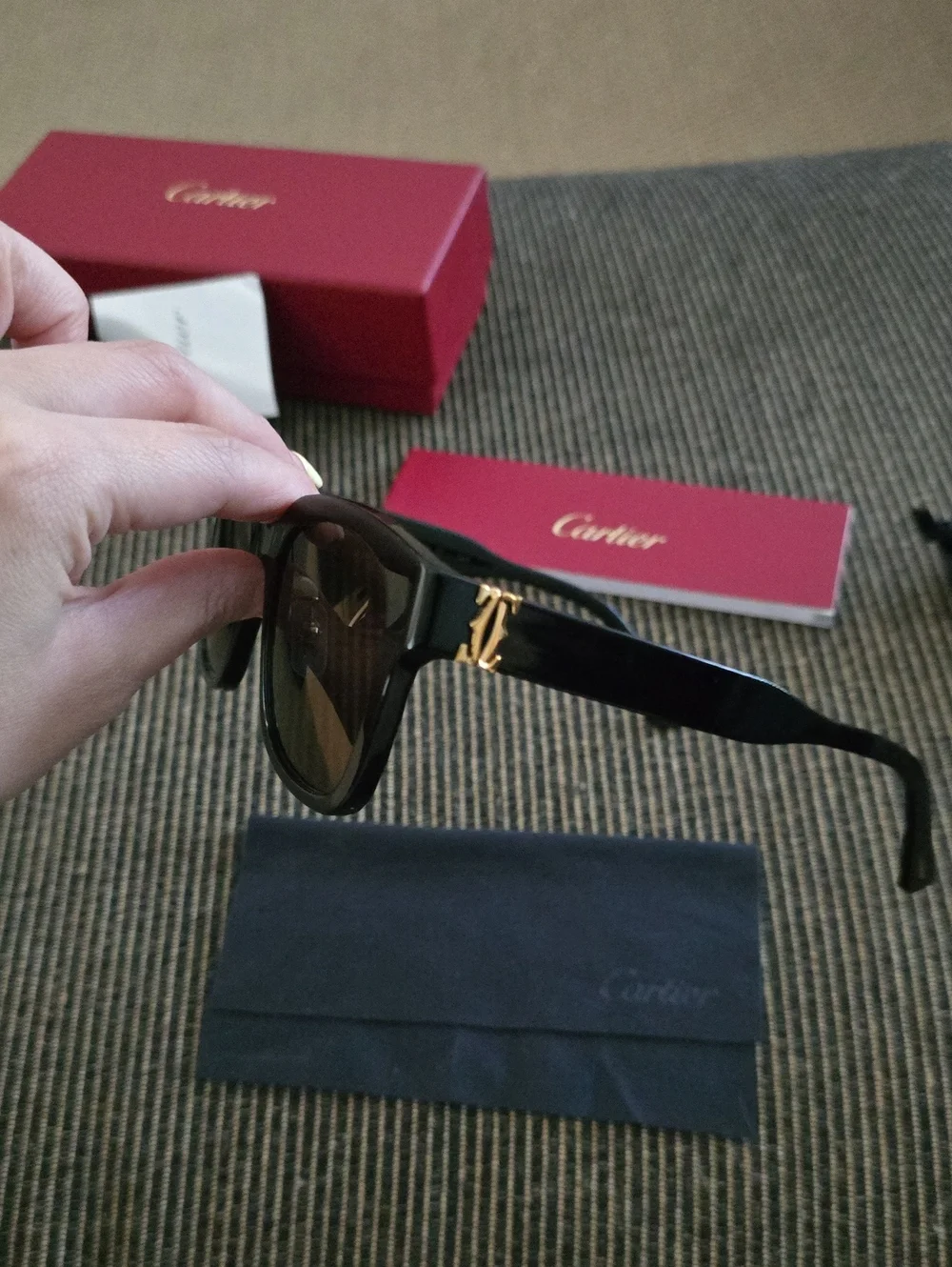 Cartier Black Frame Brown Lens Sunglasses with Red Box